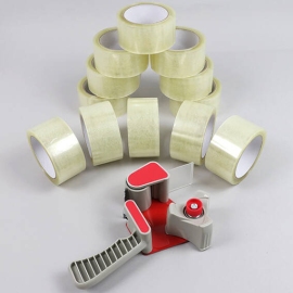 Tape dispenser and 12 rolls packaging tape, transparent 