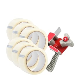 Tape dispenser and 6 rolls packaging tape, transparent 