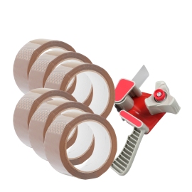 Tape dispenser and 6 rolls packaging tape, brown 