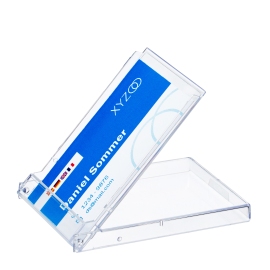 Business card dispenser with hinged lid, crystal clear 