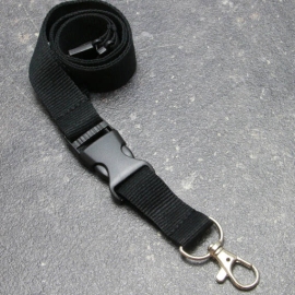 Lanyards with carabiner clip, plastic buckle and safety lock, 20 mm wide, black