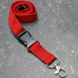Lanyards with carabiner clip, plastic buckle and safety lock, 20 mm wide, red