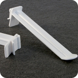 Display hooks with clamping, wide prong, white 100 mm