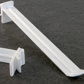 Display hooks with clamping, wide prong, white 150 mm
