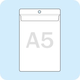 Display pockets for A5 vertical format, with flap and round hole 
