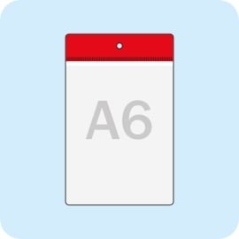 Display pockets for A6 vertical format, red hanging edge with round hole 