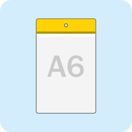 Display pockets for A6 vertical format, yellow hanging edge with round hole 