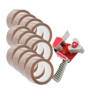 Tape dispenser and 12 rolls packaging tape, brown 