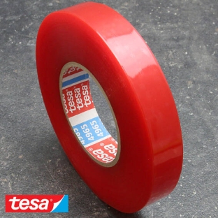 Tesa 4965, double-sided adhesive PET tape, very strong acrylic adhesive, red foil cover 