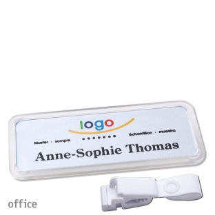 Name badges with hanger clip metal-free Office 30, transparent 