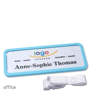 Name badges with hanger clip metal-free Office 30, pastel blue 