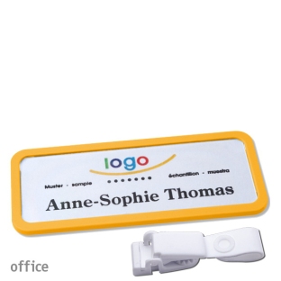 Name badges with hanger clip metal-free Office 30, yellow 