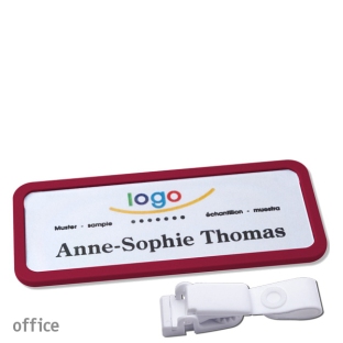 Name badges with hanger clip metal-free Office 30, claret violet 