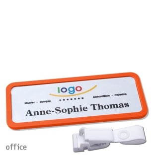 Name badges with hanger clip metal-free Office 30, orange 