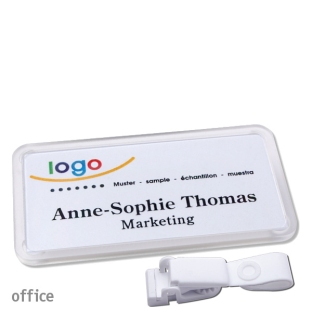 Name badges with hanger clip metal-free Office 40, transparent 