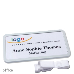 Name badges with hanger clip metal-free Office 40, light grey 