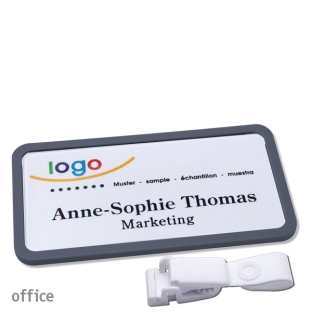 Name badges with hanger clip metal-free Office 40, anthracite 