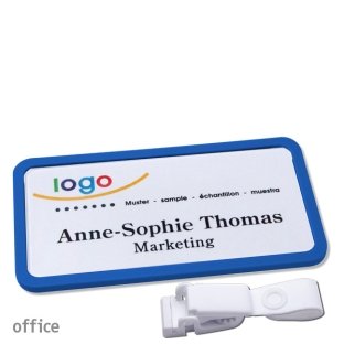 Name badges with hanger clip metal-free Office 40, blue 