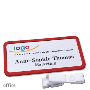 Name badges with hanger clip metal-free Office 40, red 