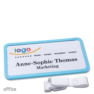 Name badges with hanger clip metal-free Office 40, pastel blue 