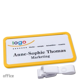 Name badges with hanger clip metal-free Office 40, yellow 