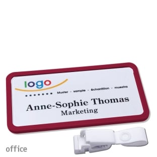 Name badges with hanger clip metal-free Office 40, claret violet 