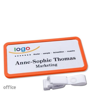Name badges with hanger clip metal-free Office 40, orange 