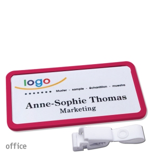 Name badges with hanger clip metal-free Office 40, purple 