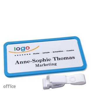 Name badges with hanger clip metal-free Office 40, medium blue 