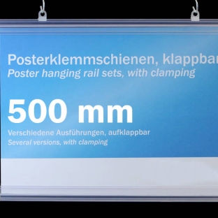 Poster hanging rail sets, rigid-pvc with clamping 500 mm | transparent