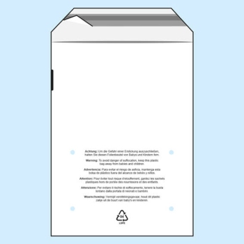 Bags with flap, with warning imprint, PCR foil, 350 x 430 mm