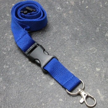 Lanyards with carabiner clip, plastic buckle and safety lock, 20 mm wide, blue