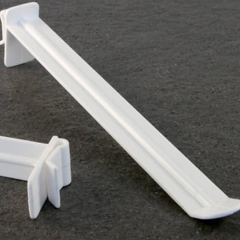 Display hooks with clamping, wide prong, white 150 mm