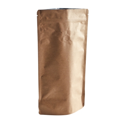 Stand up pouch with aroma valve 140 x 270 mm | brown | Composite of kraft paper, aluminium foil, polypropylene foil