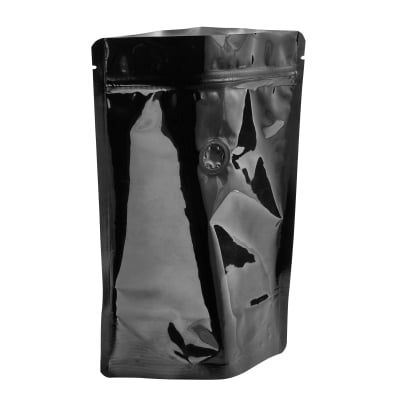 Stand up pouch with aroma valve 190 x 265 mm | black | Composite of PET foil, aluminium foil, LDPE foil